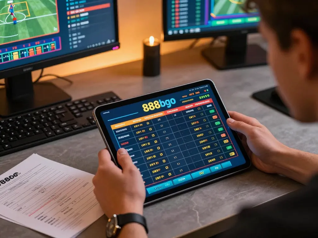 Engaging with 888bgo sports betting app on a tablet during a thrilling live match