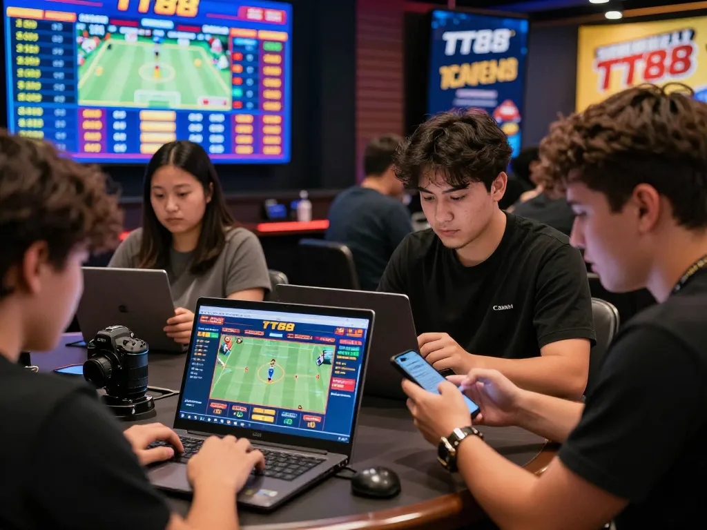 Engaged bettors using TT88 online platform for sports betting in an energetic environment.