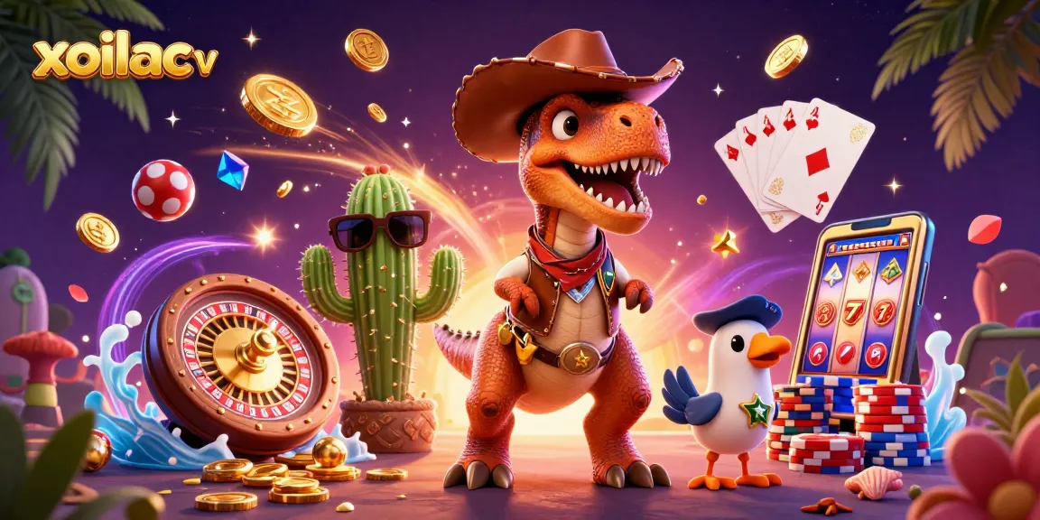 Xoilac TV showcases a vibrant scene with characters enjoying the excitement of online betting and casino games.