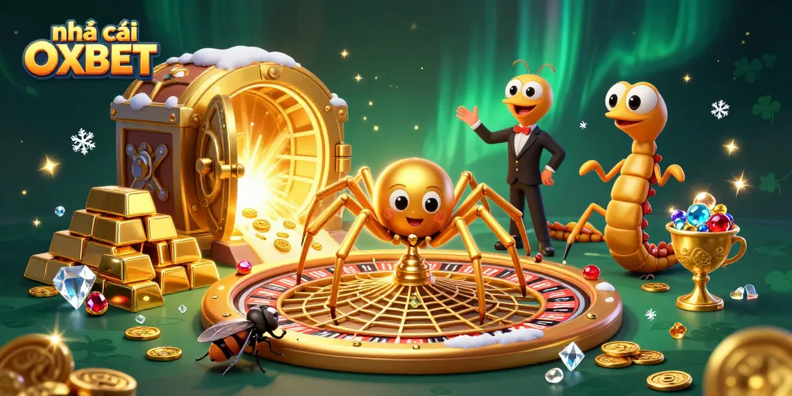 Engaging scene showcasing nhà cái OXBET's vibrant casino atmosphere, featuring a spider as a roulette dealer amidst treasure.