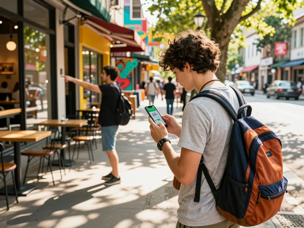 Youth excitedly checking Go 99 data promo in a lively urban setting.
