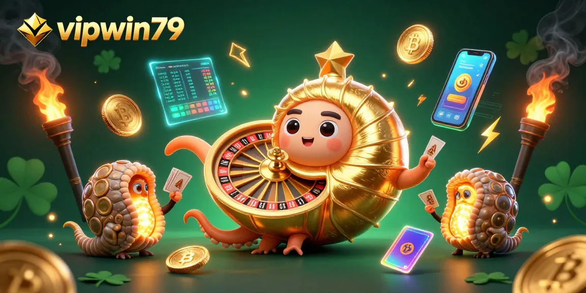 Experience the excitement of vipwin79 with a vibrant 3D casino scene depicting ancient creatures and cryptocurrency elements.