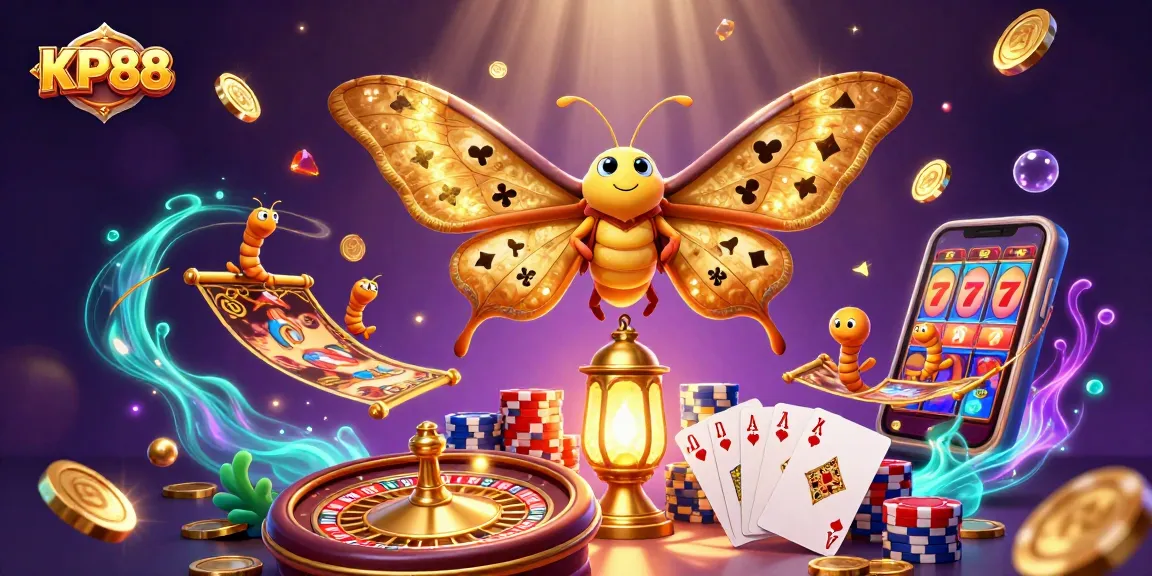 Experience the excitement of KP88 with golden casino scenes from a vibrant moth illustration.