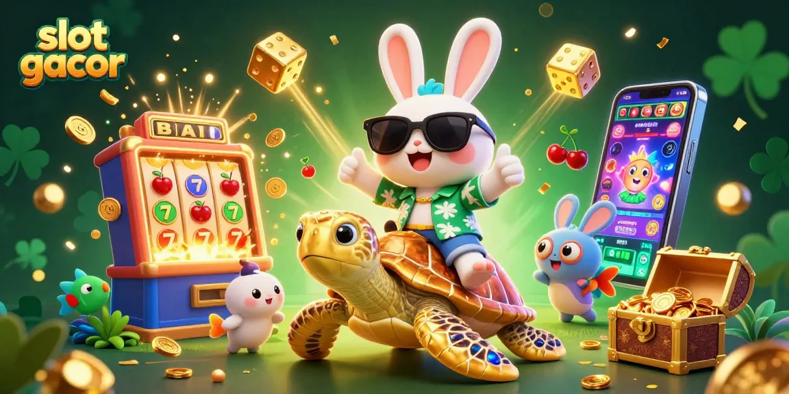 Experience the thrill of slot gacor with a charming rabbit and golden sea turtle in a vibrant casino environment.