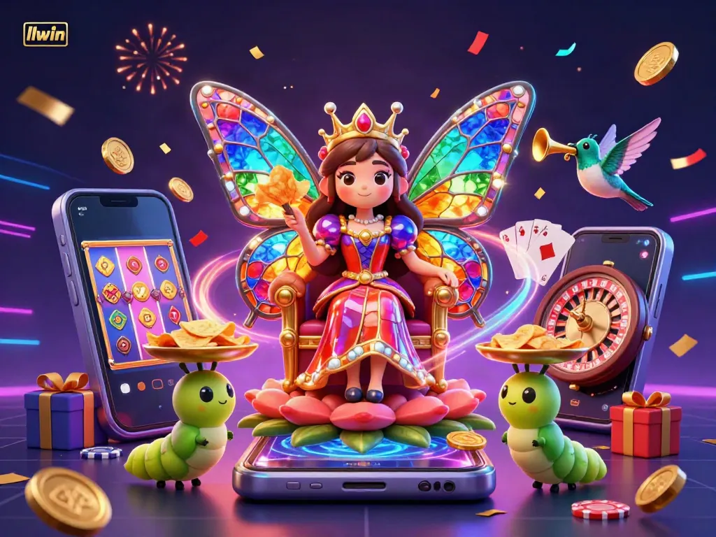 Experience vibrant casino excitement with llwin as colorful slot games and celebratory characters light up the scene.