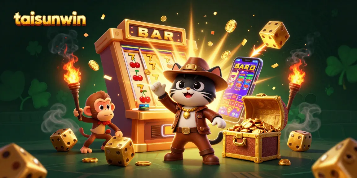 Engage with taisunwin's vibrant 3D casino adventure featuring a treasure-seeking cat and monkey in a dynamic scene.
