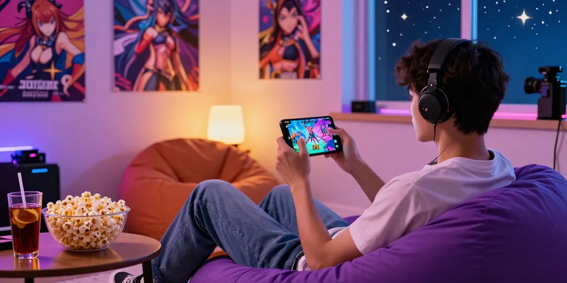 Engaged player enjoying a mobile hentai game on a smartphone in a colorful gaming nook.