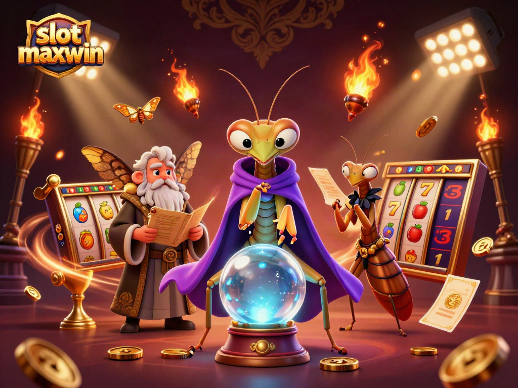 Engaging scene of slot maxwin with fortune teller and game elements surrounding them, highlighting casino excitement.