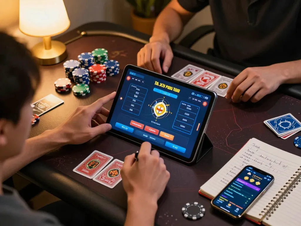 Tài xỉu online uy tín gaming session showing a player using a tablet with colorful chips and strategy notes around