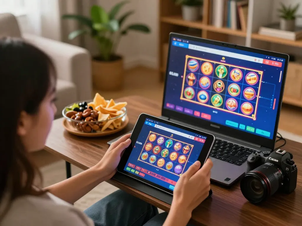 Engaged player enjoying 8live gaming session on tablet in cozy home setting, strategic gameplay atmosphere