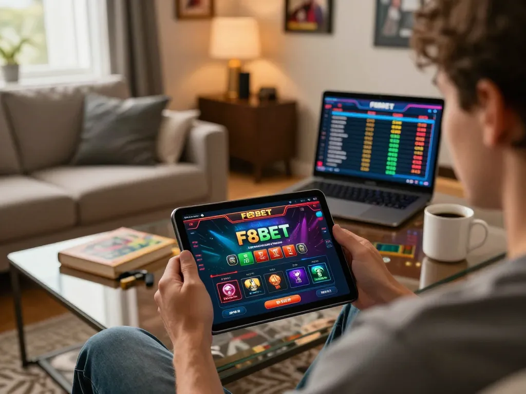 Player exploring the F8BET app for dynamic online gambling experience in a cozy home setting
