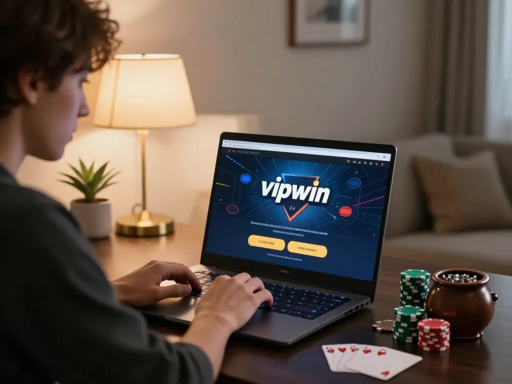 Engaging in online gambling with vipwin platform on a cozy home desk.
