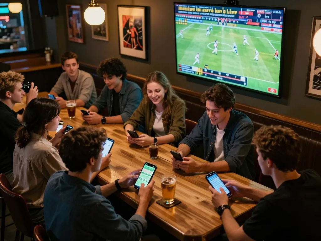 Soi keo nha cai in a lively sports bar atmosphere as friends engage in mobile betting.