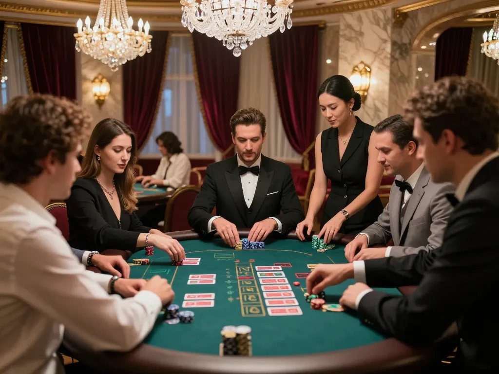 Bsport players strategically placing bets at an elegant baccarat table in a luxurious casino setting