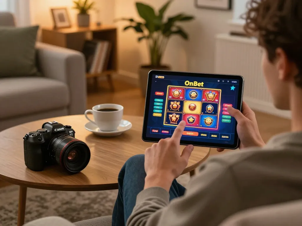 Player enjoying OnBet's casino games on a tablet at home, highlighting a cozy atmosphere.