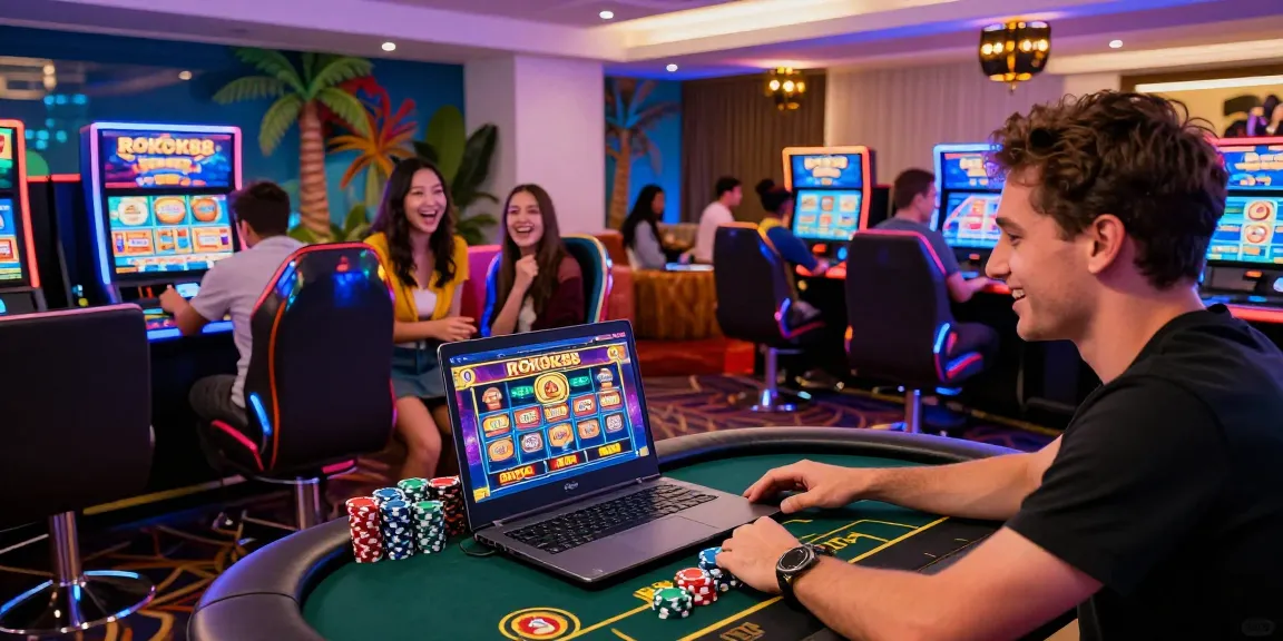 Exciting gaming scene with ROKOK88 slots player enjoying a vibrant online casino atmosphere.