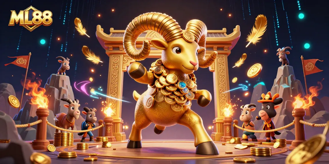 Engage with ML88's thrilling gaming experience featuring a golden ram charging through a majestic casino.