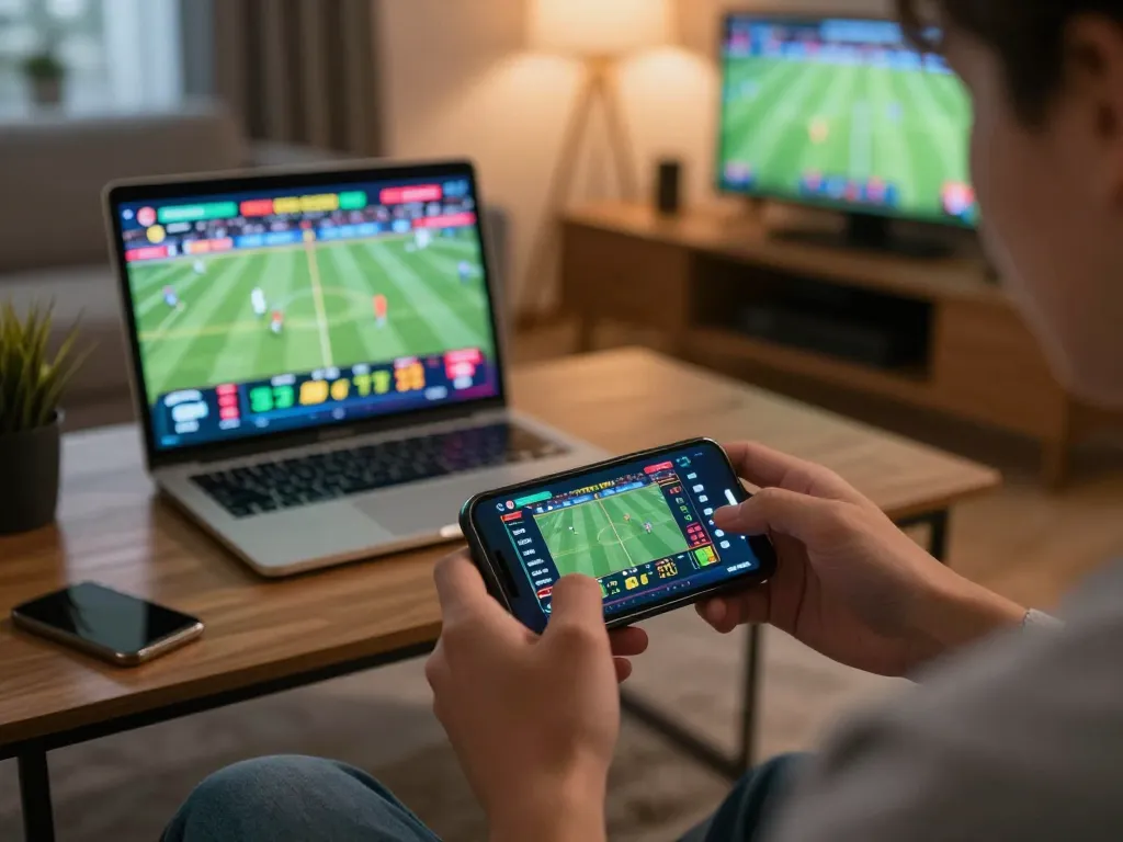 Engaged in live sports betting with NET88 app on smartphone, showcasing excitement and strategy.