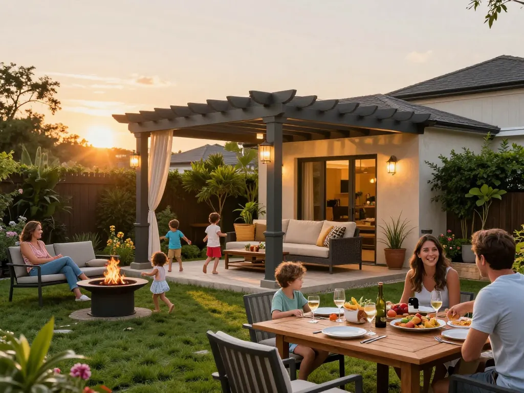 Famiglia che si gode il tempo sotto un configuratore pergole 3D in un giardino splendidamente progettato.