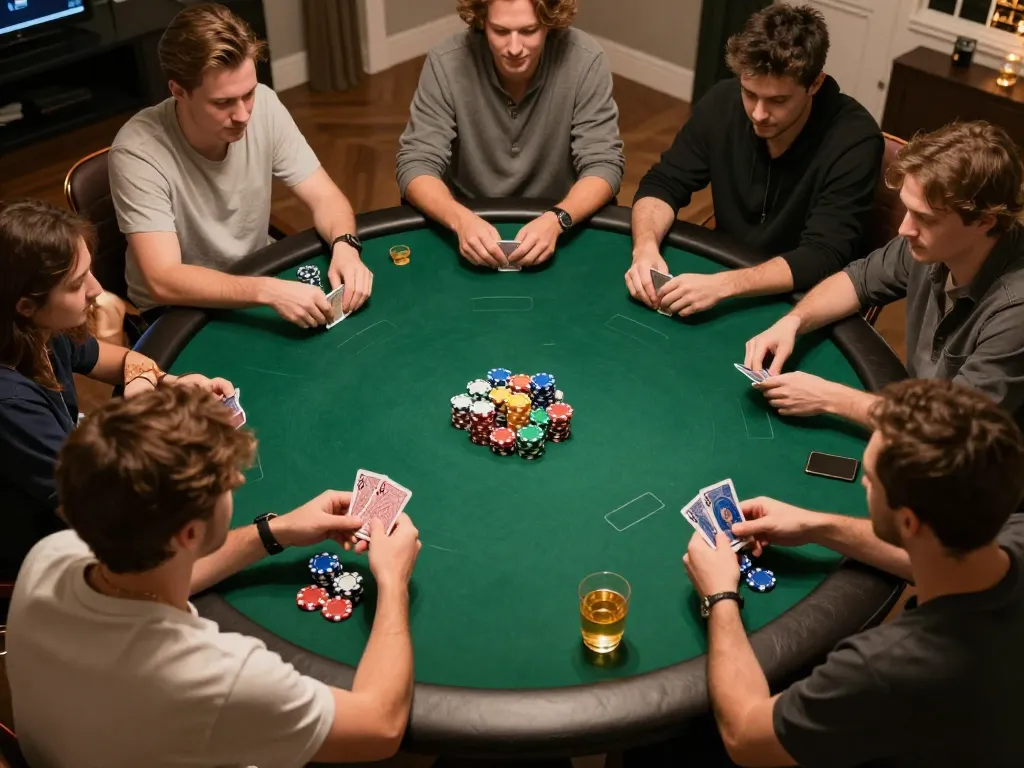 Players engaged in an intense poker game at home, showcasing strategy and excitement while using lc88 app.