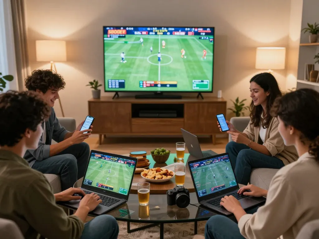 SBOBET sports betting scene with friends placing bets in a lively living room.