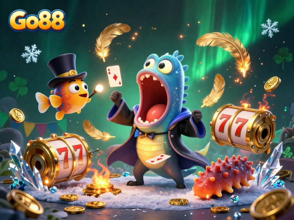 The Go88 platform showcases a 3D illustration of a magical casino scene with playful characters performing tricks, highlighting exciting gaming elements.