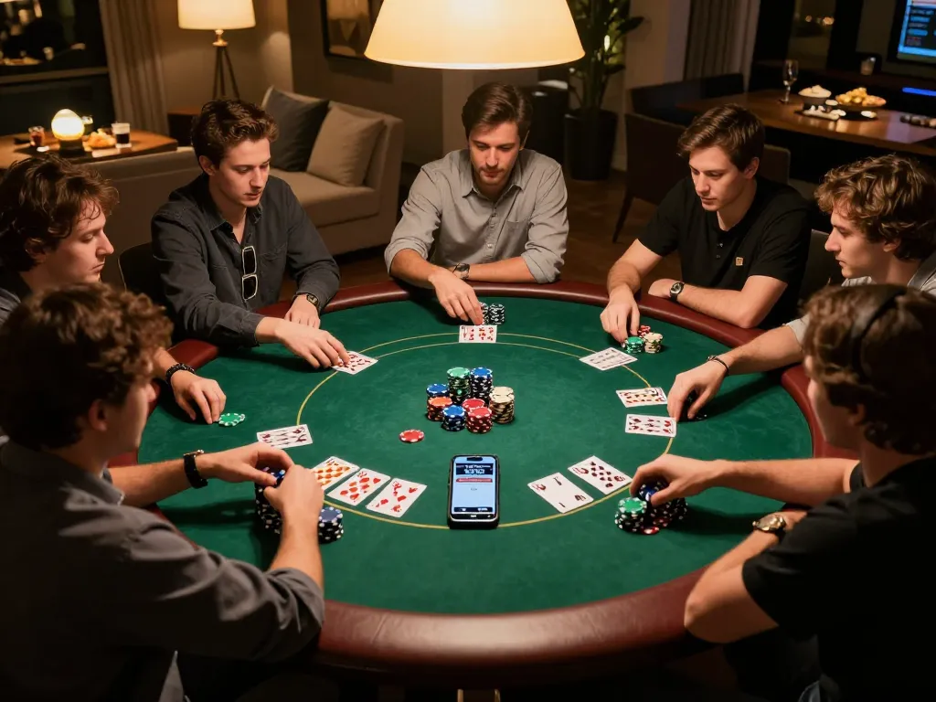 Friends enjoying a lively poker game at home, referencing f168.osaka for online gaming options