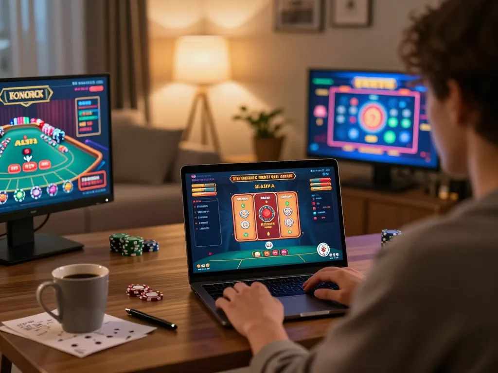 Player enjoying sunwin online casino experience on laptop in a cozy home setting.