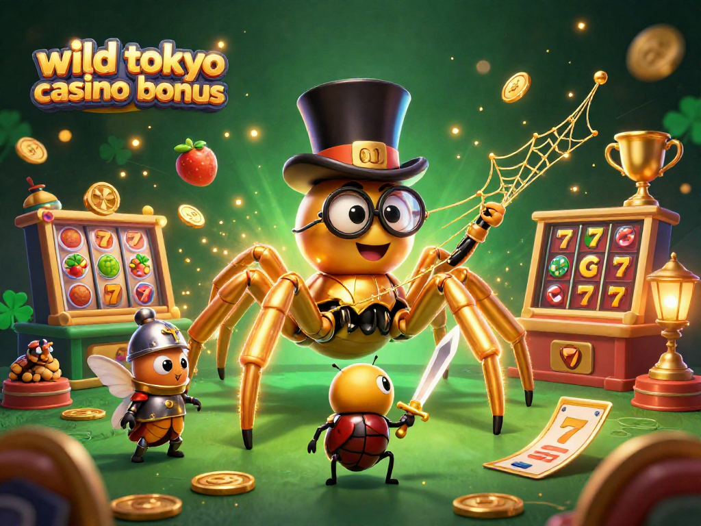 Scopri il bonus Wild Tokyo Casino con l'illustrazione di un ragno d'oro e un cavaliere coleottero in un vibrante ambiente di casinò.