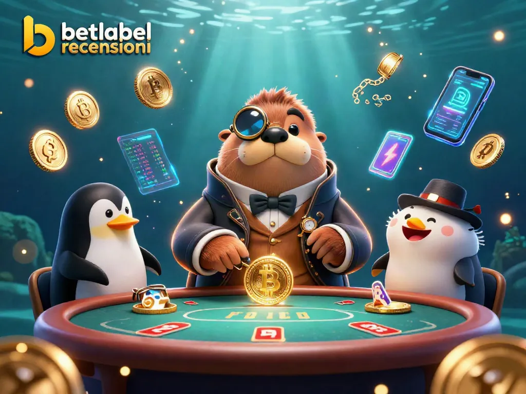 Engage with BetLabel recensioni as a jolly walrus plays poker while surrounded by crypto elements and glowing NFTs.