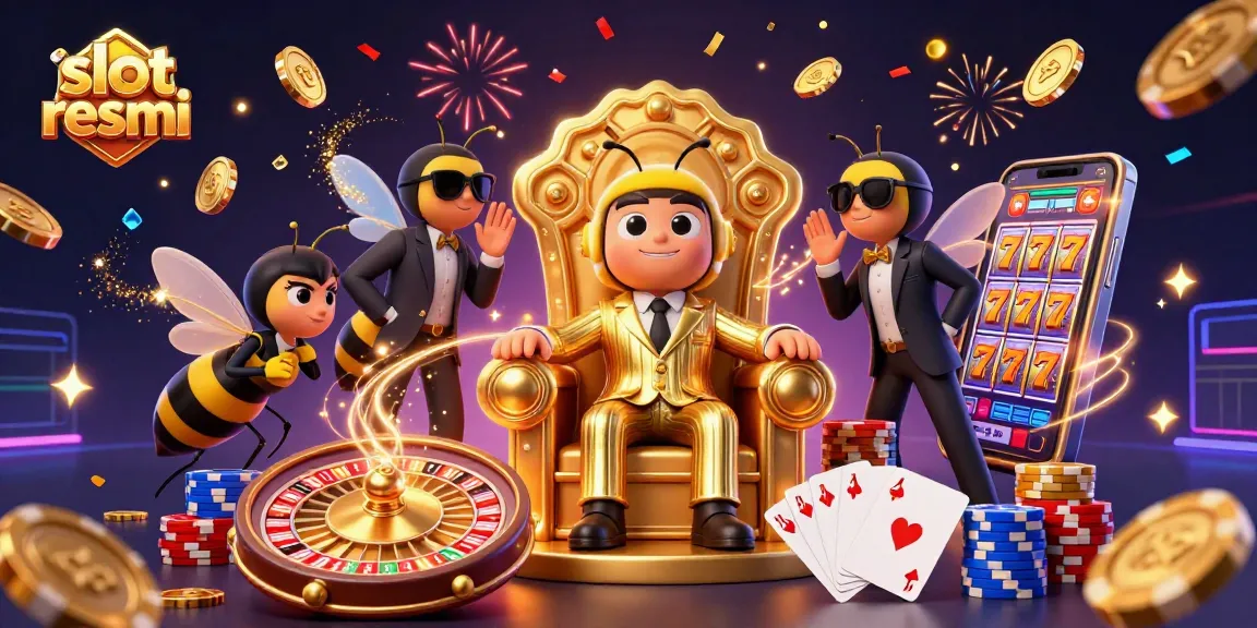 Memainkan slot resmi dengan karakter kartun lebah jantan di tahta, mengelilingi koin emas dan permata berkilau