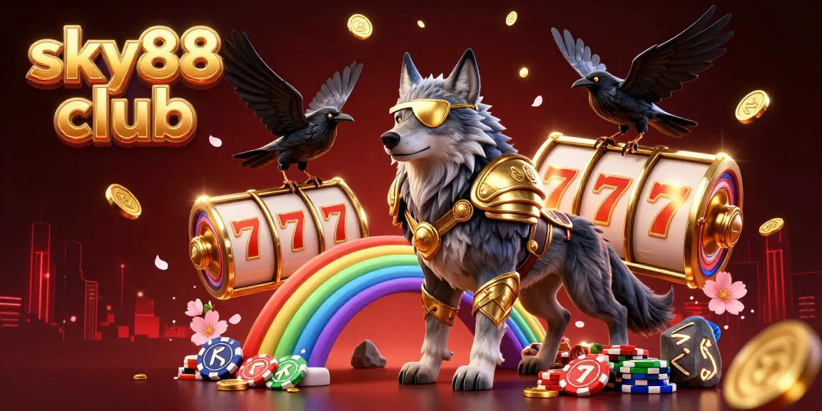 Experience thrilling moments at sky88 club with vibrant 3D visuals of slots, Odin and golden elements.