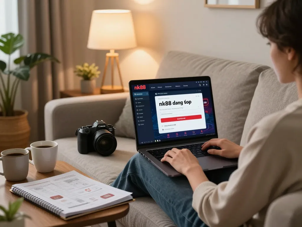 nk88 đăng nhập for online gambling on a cozy laptop setup in a stylish living room