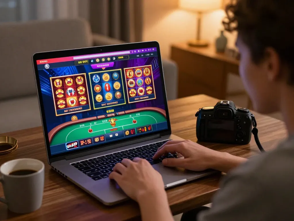 Engaged gamer exploring dn88 online slot games in a cozy home setup, reflecting strategic entertainment