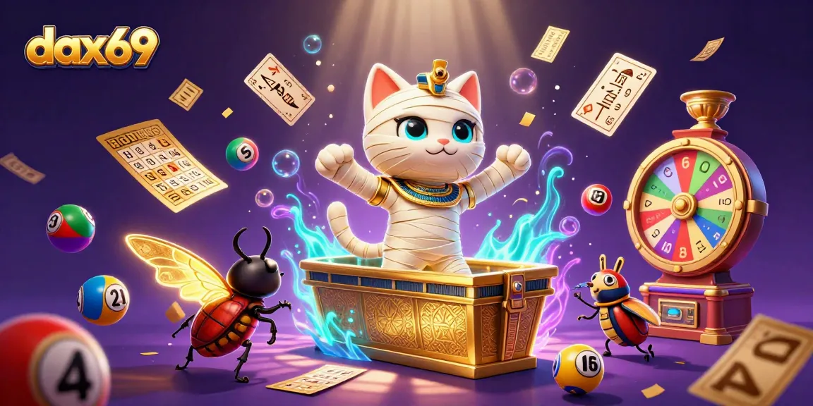 Menangkan permainan Dax69 dengan kucing mumi kartun dan bola lotere berwarna-warni di kasino