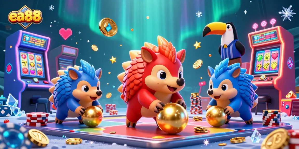 ea88 pangolins bowling through poker chips in a vibrant casino scene with slot machines