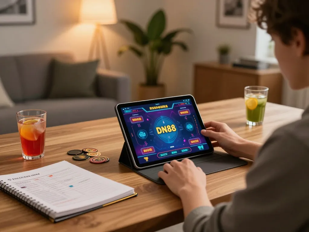 Player enjoying DN88 online casino gaming on a tablet, showcasing a strategic and engaging home setup.