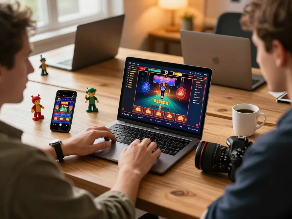 Using a laptop for online gaming at home while exploring Link vào Five88 with vibrant atmosphere.