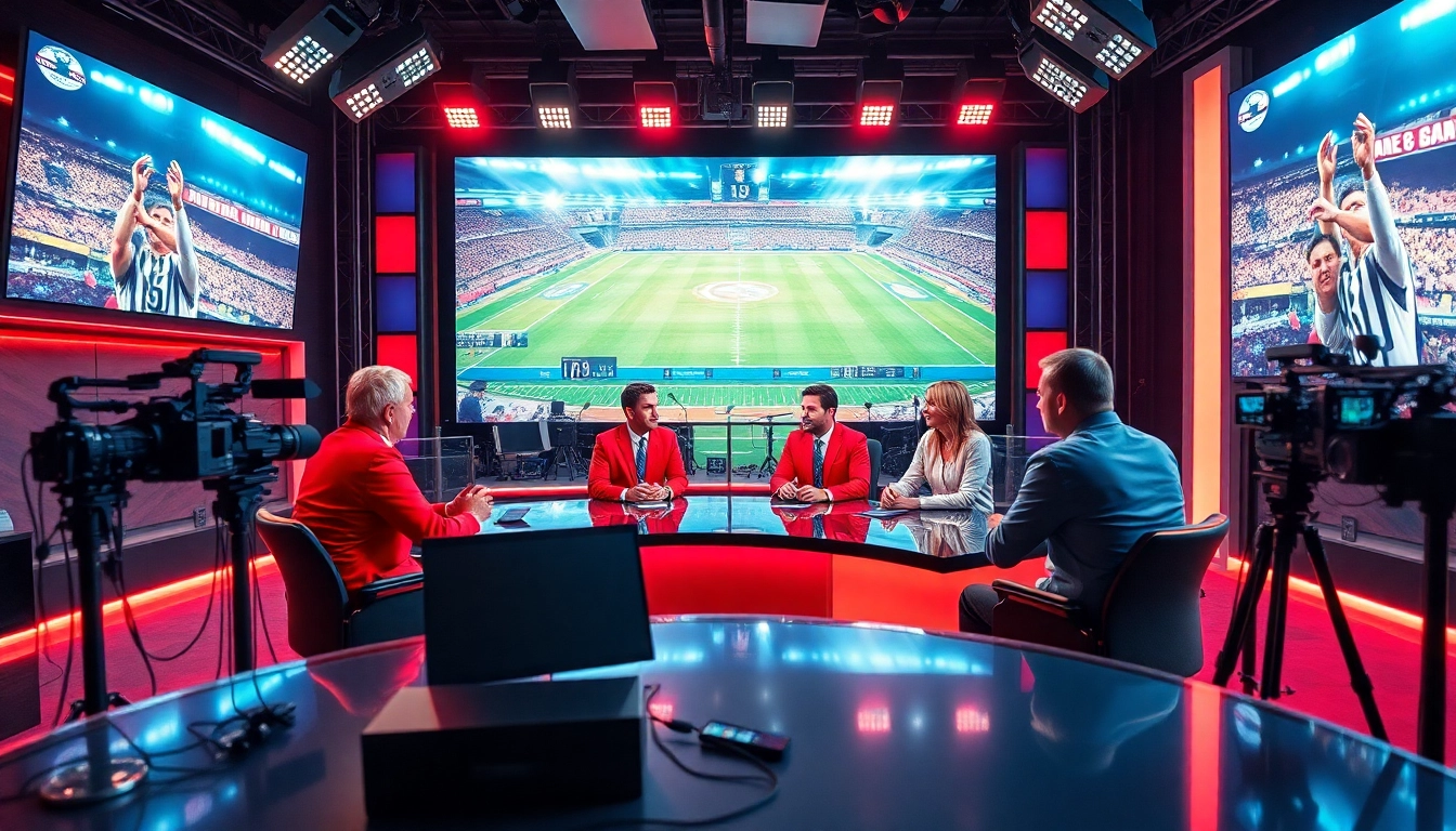 Hosts engaging in Sports Broadcasting live in a vibrant studio filled with advanced tech.