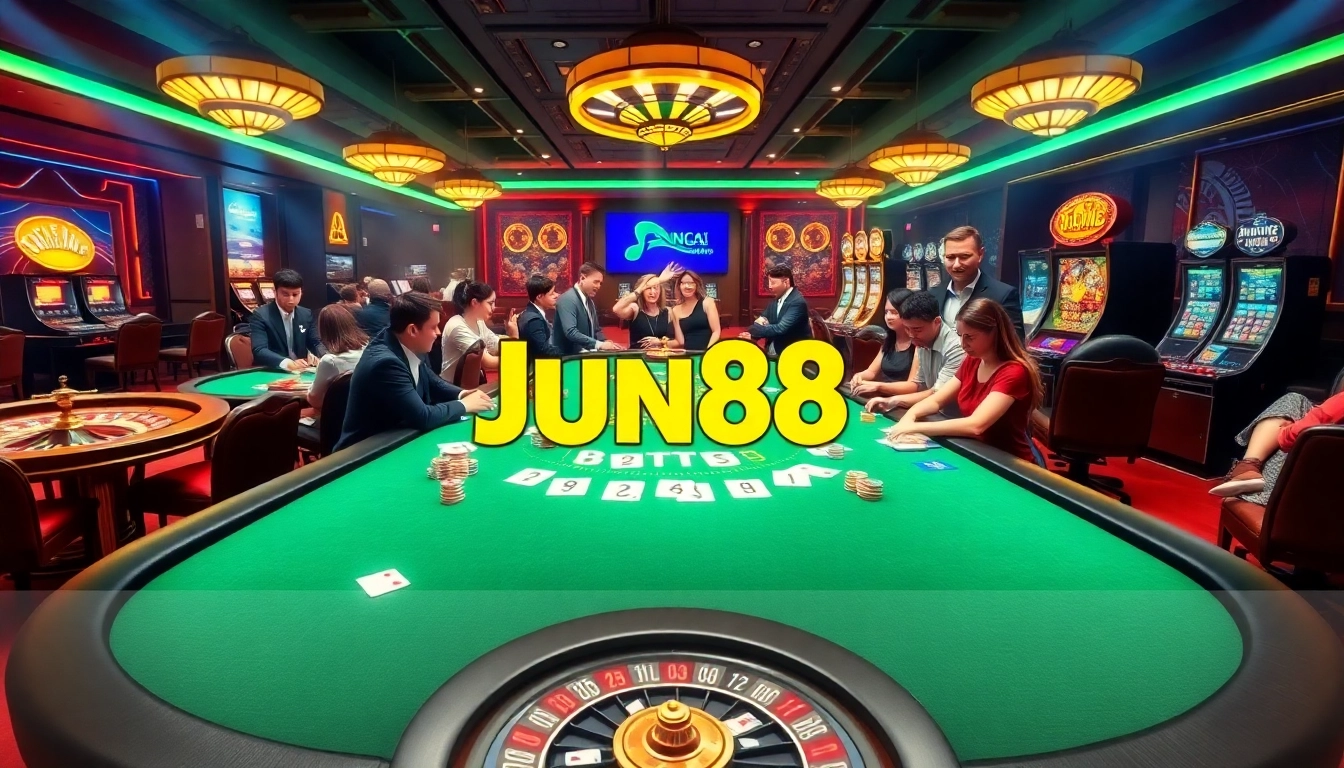 Exciting gambling scene at Nhà Cái Jun88 with poker tables and vibrant gaming elements.