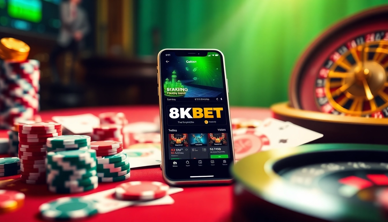 Tải app 8kbet with poker chips and cards, enhancing the online gambling experience.
