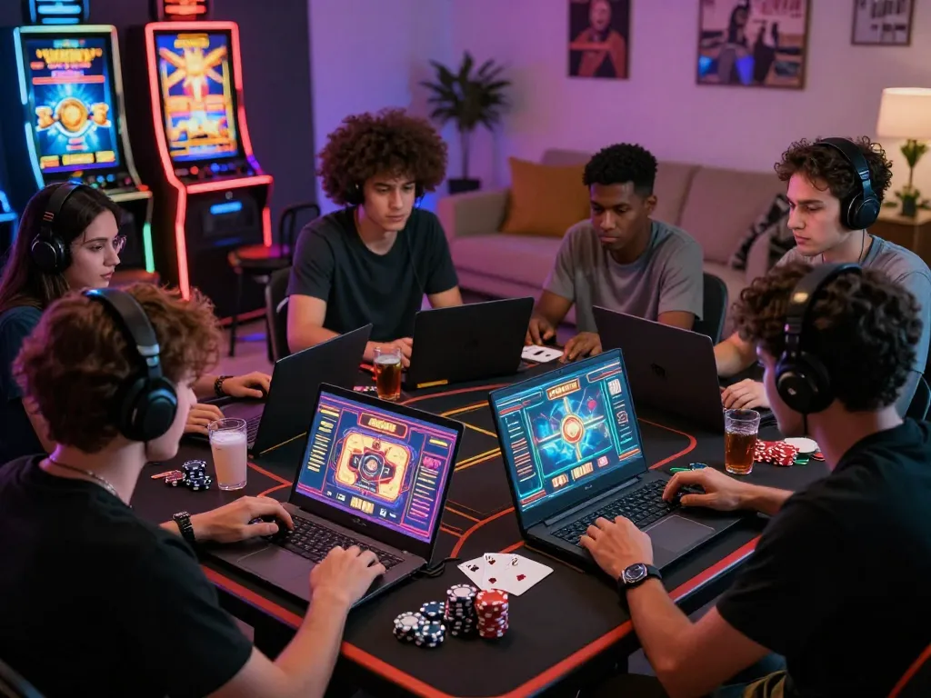 Diverse players engaged in immersive online gaming experience on https://rikviprent.com with vibrant lighting and gaming paraphernalia.