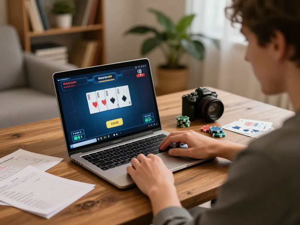 Engaging in online poker at https://net88.market/ from a cozy home with strategy notes.