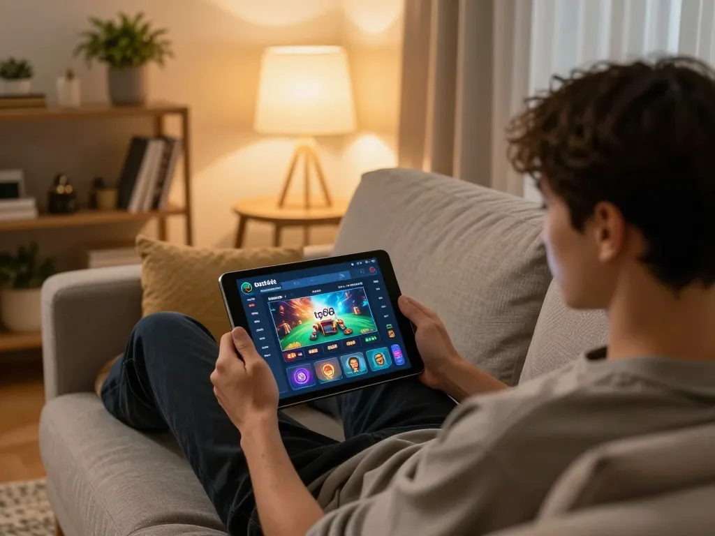 Engaging scene of tải game tg88 app on tablet, depicting a cozy home environment for online gambling.