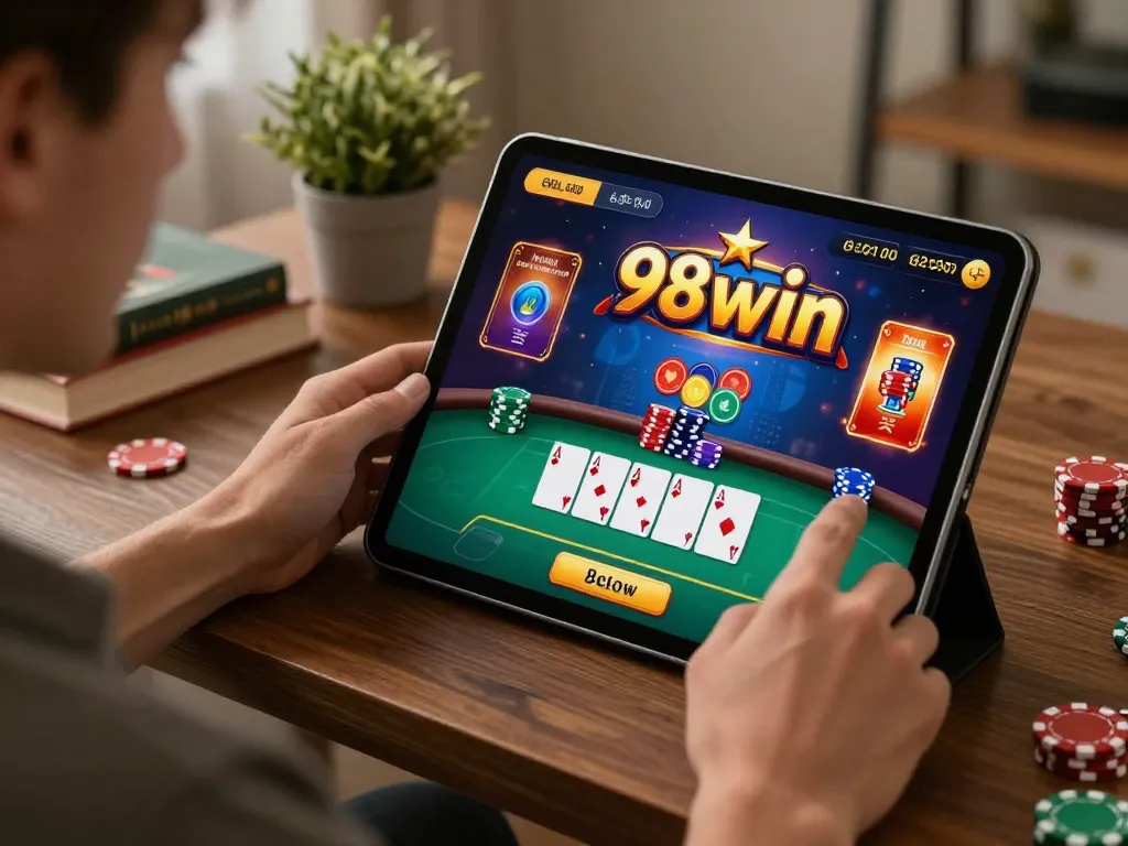 Engaging in the game 98win online, a player strategizes with chips visible in a cozy home setup.