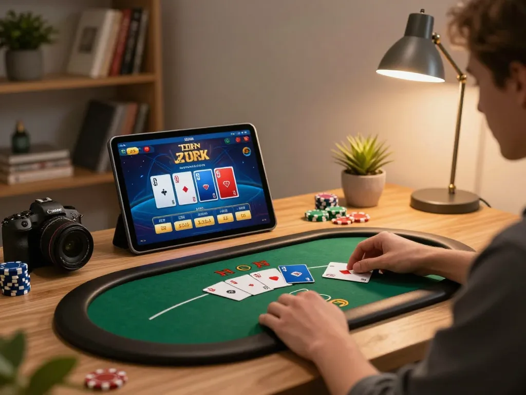 Player engaging in online gaming at home using ee88go app on tablet, showcasing vibrant poker interface.