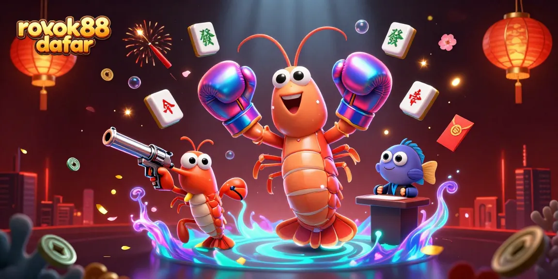 Engage with rokok88 daftar in this vibrant casino-themed illustration showcasing a dynamic scene of animated sea creatures.