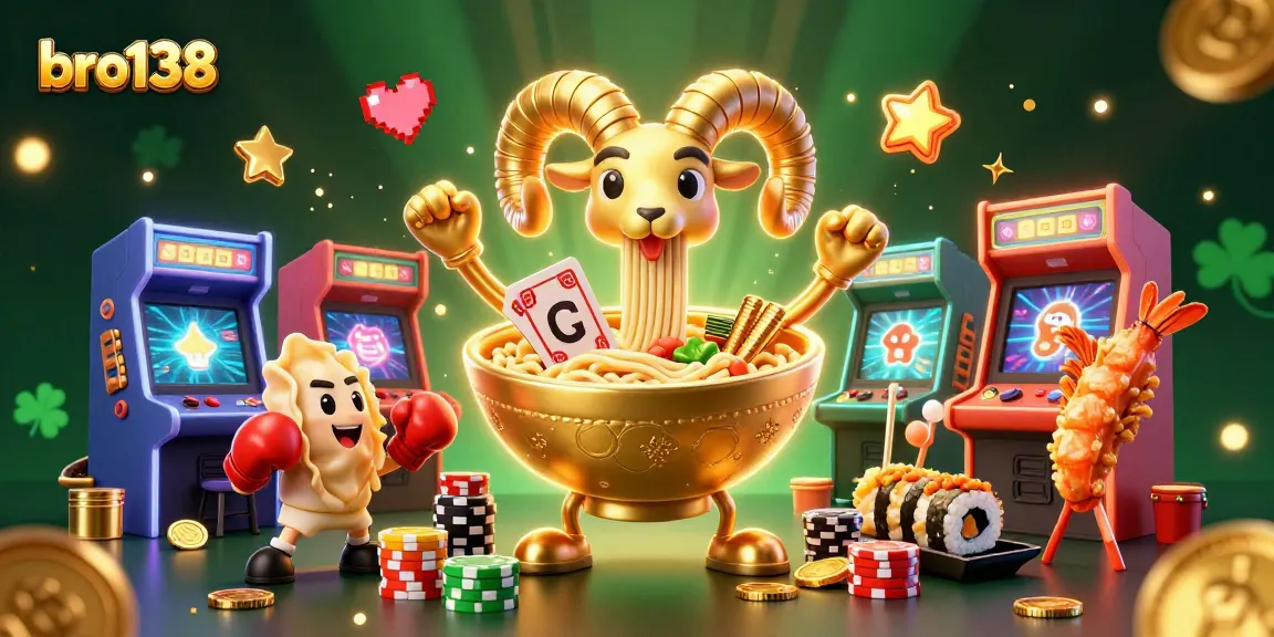 Engage with bro138 for thrilling casino games featuring a vibrant ramen bowl character and animated elements.