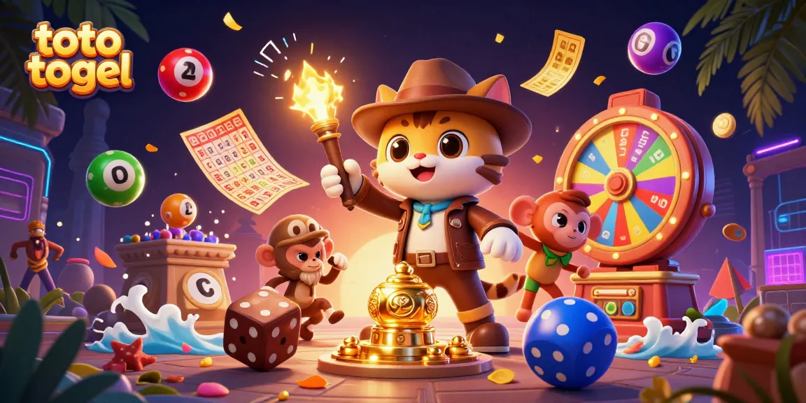 Engage in thrilling toto togel action with an explorer cat uncovering casino treasures amidst vibrant prizes.