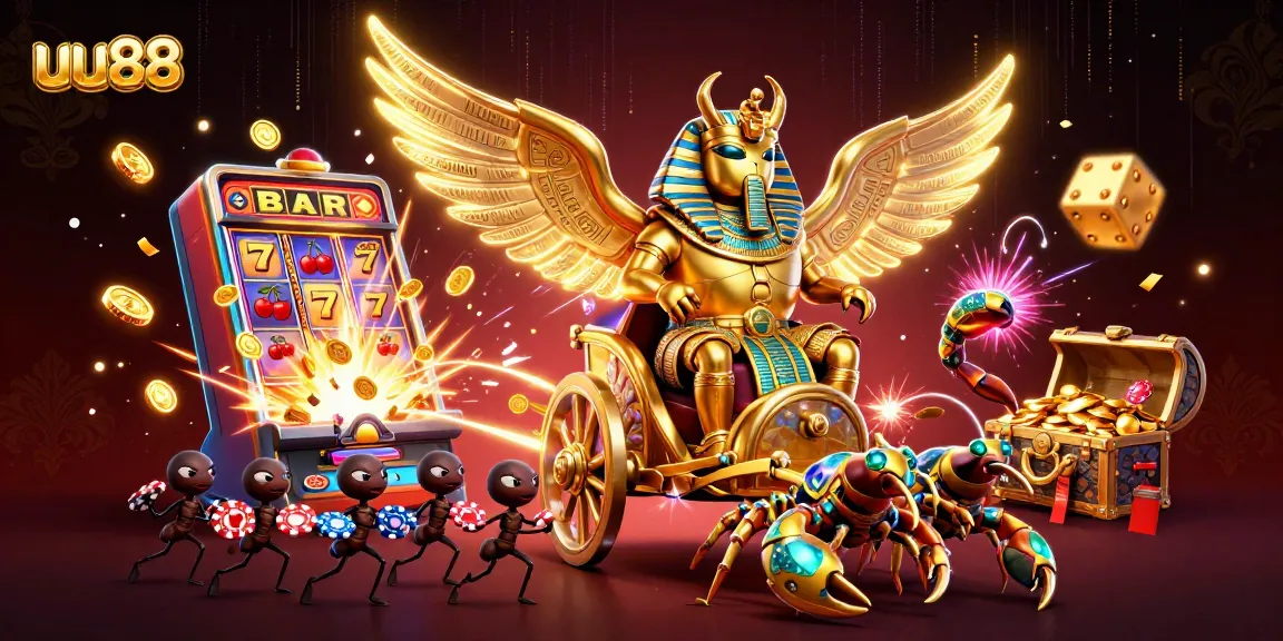 Experience the dynamic gaming action at uu88 with golden figures and exploding jackpots across a vibrant scene.